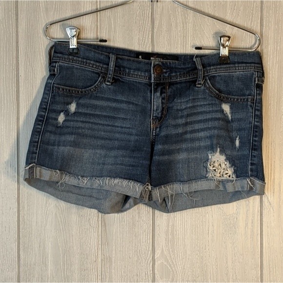 Hollister Midi Short Longest Length Medium Wash Distressed Cut Off Shorts SZ 27 - Picture 1 of 7